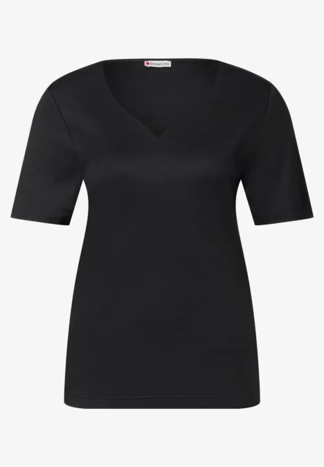 Schwarzes Damen-T-Shirt mit V-Ausschnitt und kurzen Ärmeln.